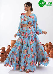 Lovely Turquoise Blue Color Chinon Digital Print Work Readymade Lehenga Choli